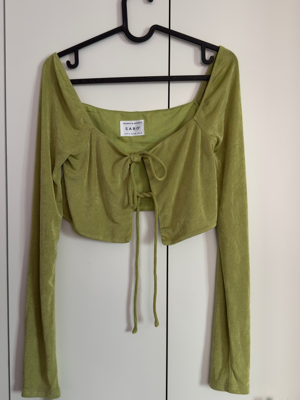 SABO Marcelle Tie-Front Long Sleeve Crop Top in Olive Green